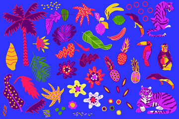 tropical set with , palm tree, fruit, animal and  birds