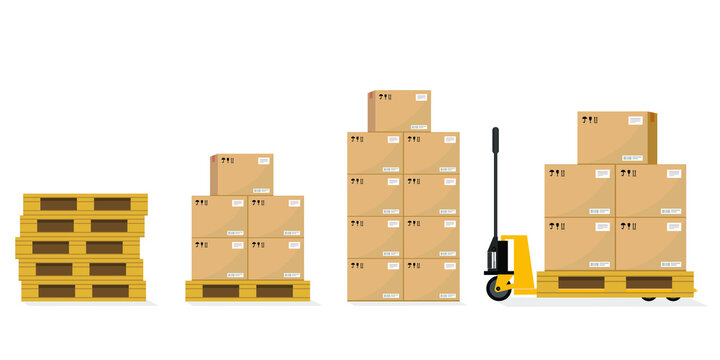 Pallet truck Forklift at work cardboard box rack depot and warehouse storage, merchandise, shipment and logistic management vector illustration isolated on white background Pallet truck 
