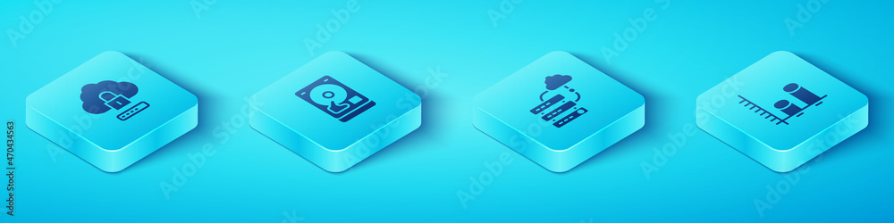 Poster set isometric cloud computing lock, hard disk drive hdd, data analysis and network cloud connection 