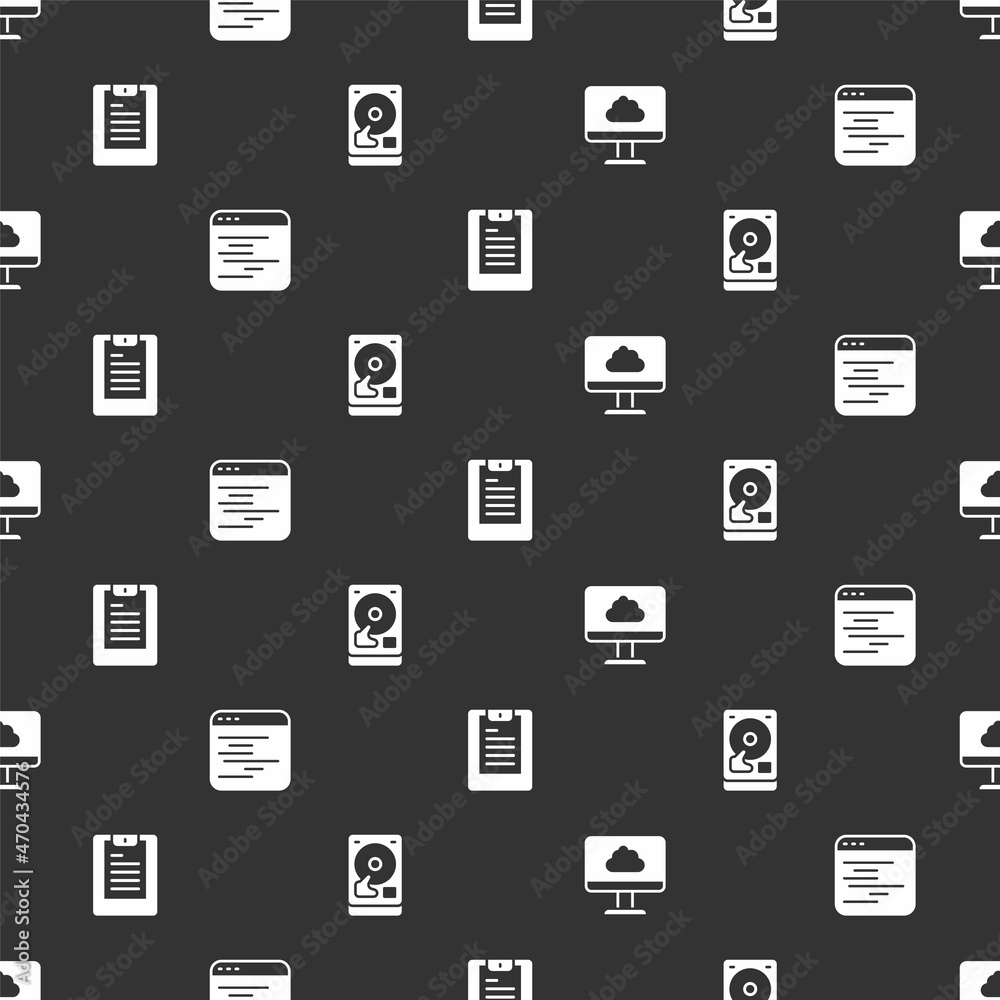 Poster set cloud technology data transfer, software, server, data report and hard disk drive hdd on seamles