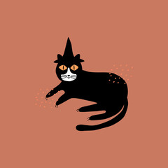 Black cat with magic hat and yellow eyes hand drawn vector illustration. Spooky feline character. Halloween party card.