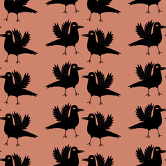 Black ravens with creepy eyes hand drawn vector illustration. Spooky halloween character.  Bird seamless pattern. 