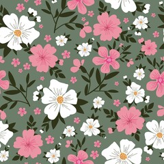 Seamless vintage pattern. Wonderful pink and white flowers, dark green leaves on a green background. vector texture. fashionable print for textiles and wallpaper.