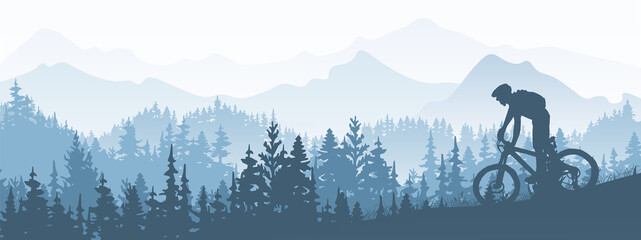 Silhouette of mountain bike rider in wild nature landscape. Mountains, forest in background. Magical misty nature. Blue illustration.
