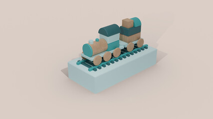 3d illustration design of a wooden toy train with blue and wood colors and with blue train tracks on top of a base and light pink background