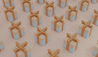 3d illustration design of several christmas presents lined up in pink and blue with the gold bow and with a light pink background