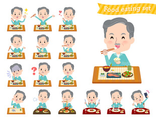 食事に関する青緑ジャージ高齢男性のセット