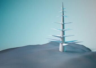 3d illustration design of a pine tree without leaves in a glacial space with snow with blue tones and lights in a minimalist style