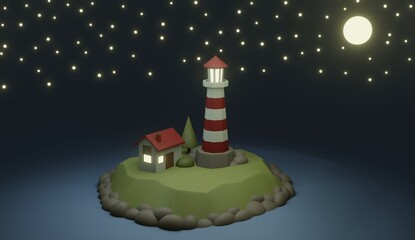 3D illustration design of a lighthouse and a red house with the light on in a green island in the middle of the night with the stars and the moon