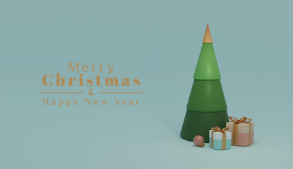 Christmas 3D design, with a Christmas tree, gifts in blue, pink and gold, a Christmas ball and with the text Merry Christmas and Happy New Year