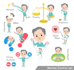 メンタルコントロールをする青緑ジャージ高齢男性のセット