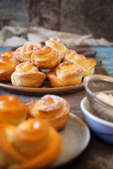 Homemade rose flower buns (cookie), powdered sugar dressing