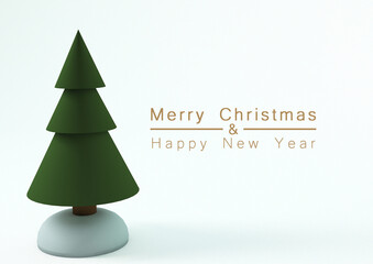 Christmas 3d design, with a green Christmas tree with a blue base and with the text Merry Christmas and Happy New Year with white background