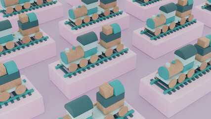 3d illustration design of a lot of wooden toy trains with blue and wood colors and with blue train tracks on top of a base and light pink background