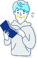 財布の中のお金を見て困っている若い男性