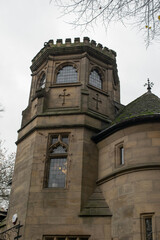 Close up view of stone tower of old building in York England