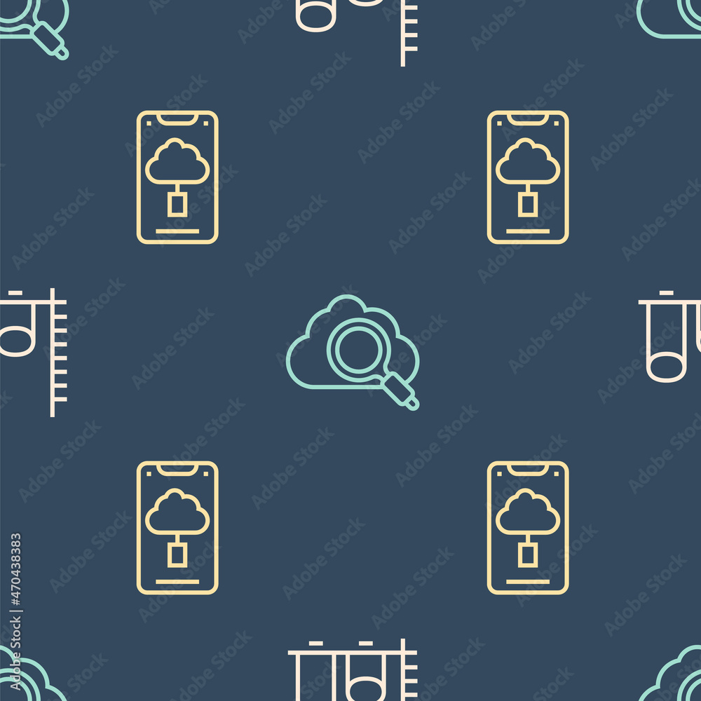 Aufkleber set line data analysis, cloud technology data transfer and search cloud computing on seamless patter