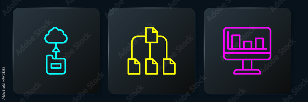 Aufkleber set line cloud technology data transfer, monitor with graph chart and folder tree. black square butt