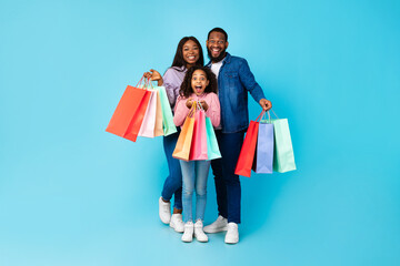 African American family of three posing with shopping bags