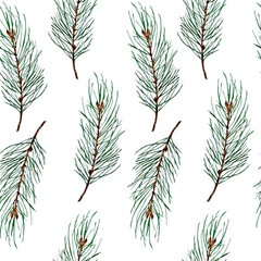 Fototapeta premium Watercolor hand drawn seamless pattern with pine conifer spruce branches twigs and cones on white background, Christmas winter new year print for textile wrapping paper, natural orhnic colors green