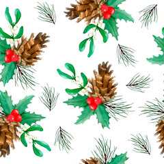Watercolor seamless hand drawn pattern with Christmas plants holly pine spruce conifer branches holly red berries. Elegant winter candles on white background for wrapping paper textile new year