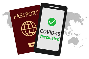 Covid-19 Passport  Background. Vaccinated. Smartphone. Immune Health Cerificate. Vaccination Document. Vector