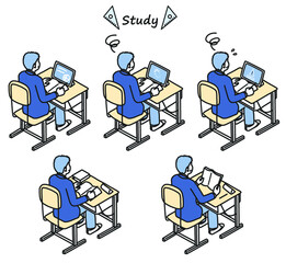 学校で勉強をする男子高校生　セット