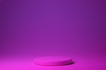 Podium with neon colors for product, cosmetic presentation. Creative mock up in pink and magenta. Pedestal or platform for beauty products.
