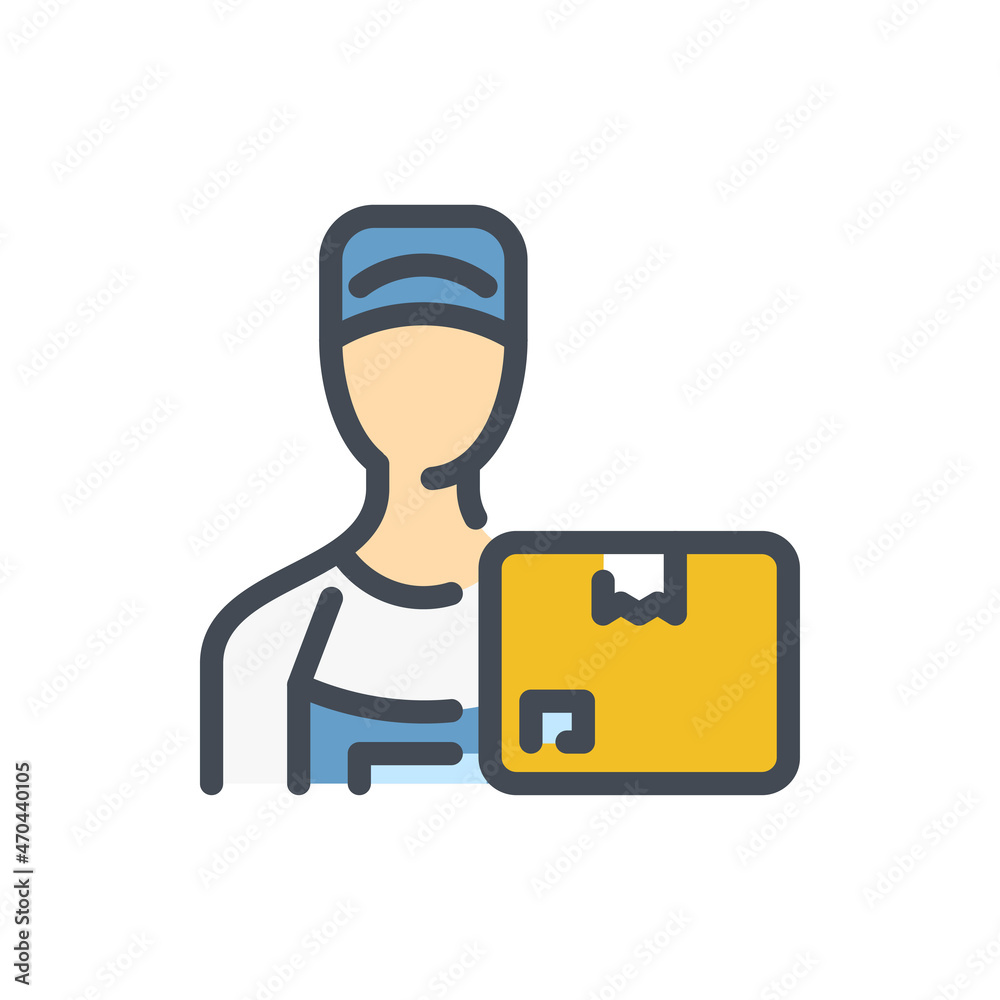 Wall mural courier color line icon. delivery man with box vector outline colorful sign.