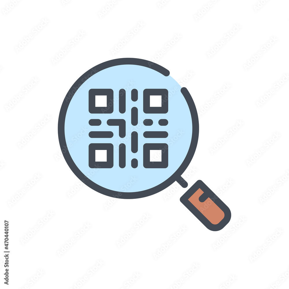 Poster qr code search color line icon. magnifier glass with product code vector outline colorful sign.