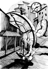 Broken time. A man on the ruins of the city, sits with his back to the light. Depression and hopelessness of lost time. Around the broken clock. ink, sketch.