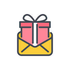 Mail with gift box color line icon. Online present box vector outline colorful sign.