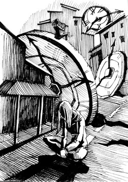 Broken time. A man on the ruins of the city, sits with his back to the light. Depression and hopelessness of lost time. Around the broken clock. ink, sketch.