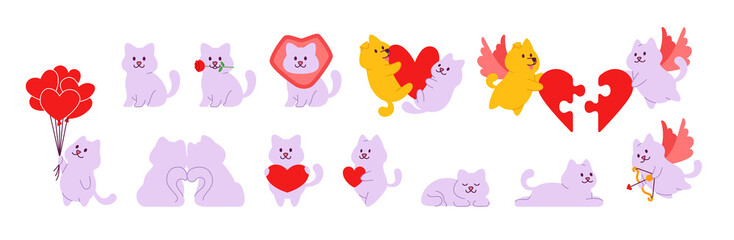 Cartoon cute cat and dog in different poses for valentine's day greeting card or sticker