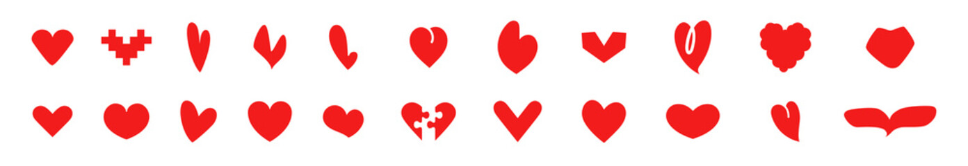 set of hearts of different shapes hand drawn vector illustration