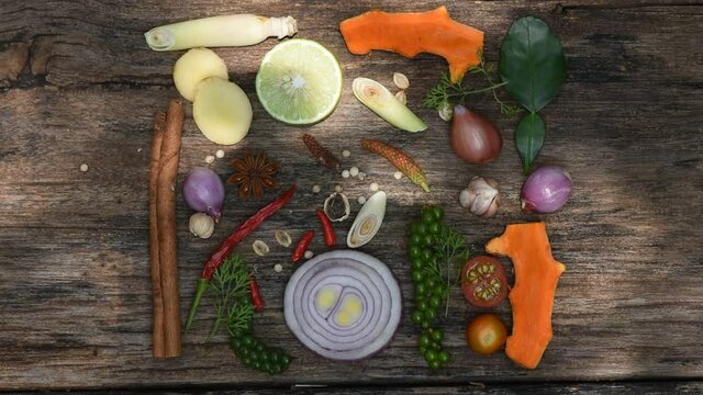 Tom Yum or vegetable and herbs on nature background.top view,flat lay.