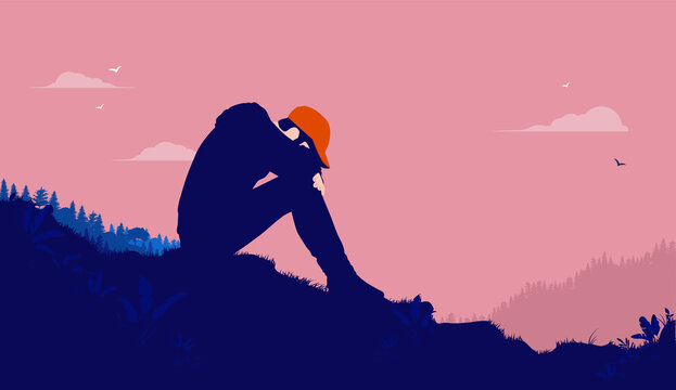 Depressed young male - Man sitting outdoors hiding face in hands, feeling sad and suffering from depression. Mental health concept, vector illustration