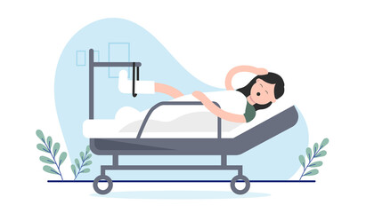 Woman in hospital bed vector - Cartoon illustration of female person lying with broken foot and feeling pain.