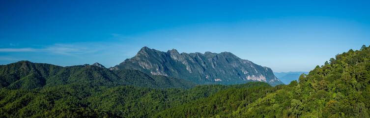 Beautiful panoramic view of mountains with blue sky in Thailand.