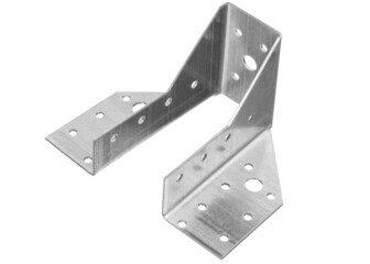 Stainless steel metal fixing angle isolated on white background. The metal corner is used in construction for the installation of various parts.