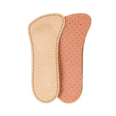 Orthopedic leather insoles isolated on white background. Insoles for a healthy walk.