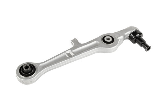 Independent car wheel suspension arm isolated on white background. The suspension arm is a spare part of the car.