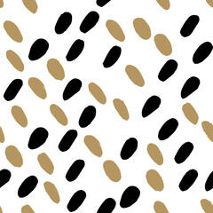 Polka dot black and beige abstract seamless pattern on white background. Vector design for textile, backgrounds, clothes, wrapping paper, fabric and wallpaper. Fashion illustration seamless pattern.