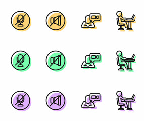 Set line Video chat conference, Mute microphone, and Freelancer icon. Vector