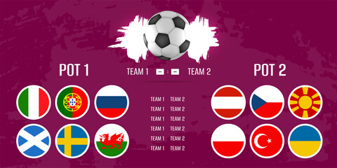Realistic 3d soccer ball and flags. Sport poster, banner, flyer modern design. Second round qualifying. Vector illustration