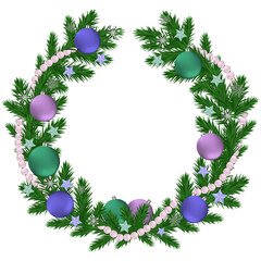 Christmas decorated wreath with pine, christmas balls on a white isolated background.