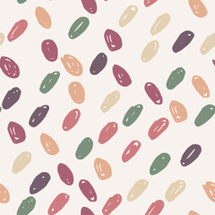 Multicolored polka dot abstract seamless pattern on beige background. Vector design for textile, backgrounds, clothes, wrapping paper, fabric and wallpaper. Fashion illustration seamless pattern.