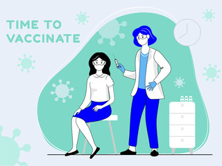 A nurse gives a vaccine to a young woman. Vaccination in the arm. Vector illustration concept of vaccination for adults. 