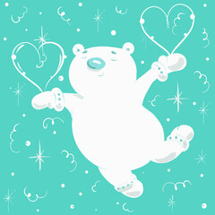 A loving white bear with hearts in snowflakes