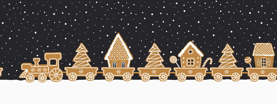 gingerbread train. Seamless border. Holidays background. There is train with sweets, gingerbread houses and fir trees on a dark blue background. Greeting card template. Vector illustration